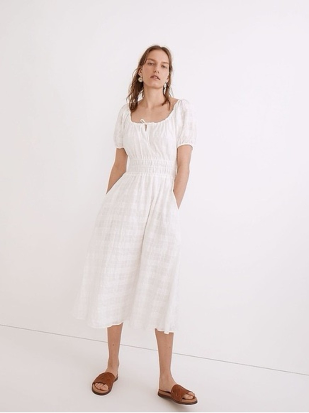 Madewell Sophia Midi White Dress in Seersucker Check lighthouse XXS